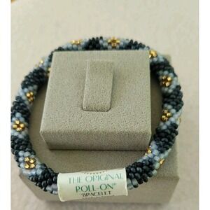 AID THROUGH TRADE Original Roll-On Bracelet Nepal Seed Bead Blue Gold 6.5" New